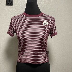 Gypsy Warrior Burgundy and White Striped Short Sleeve Crop Top W Skull Patch XS